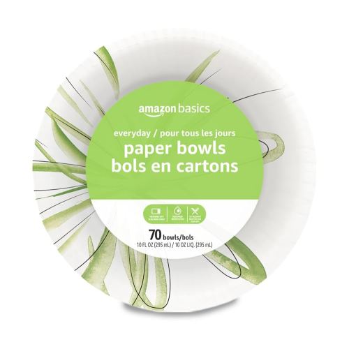 Amazon Basics Everyday Paper Bowls, 10 Oz, Disposable, 70 Count, White