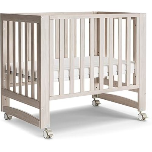 EvoNest Baby Crib, 6 in 1 Convertible Mini Crib with Wheels, 100% New Zealand Pinewood Growing Bed, 4 Adjustable Mattress Heights
