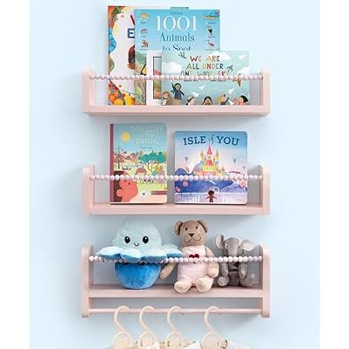 Nursery Book Shelves, Set of 3 Kids Bookshelves Natural Wood Wall Mount Organizer with Towel Bar Hanging Nursery Decor for Kids Room, Playroom, Bedroom and Kitchen, Pink