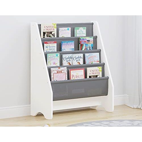 UTEX Kids Sling Bookshelf, Magazine Rack - Book Rack for Kids, Book Organizer (White with Gray Pocket)