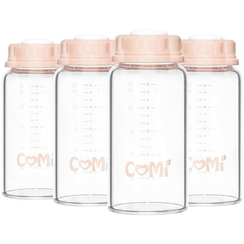 COMI Natural Glass Baby Bottle,Standard Neck Breastmilk Storage Bottle for Fridge,Breast Milk Container,Breast Pump Bottle Compatible with Medela Breast Pump,BPA Free,4PCS(5oz,4 Pink Lids)