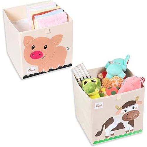 2PCS 13x13x13 Storage Cube Bins, Foldable Toy Storage Bins Boxes Chests, Water Proof Canvas Storage Bin for Toys Clothes Dolls Books (Cow & Pig)