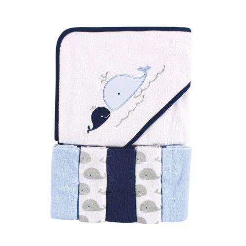 Luvable Friends Baby Boy Hooded Towel With Five Washcloths, Whale, One Size