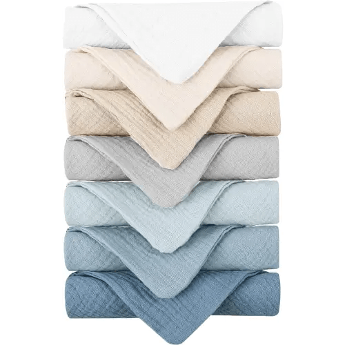 Konssy Baby Muslin Washcloths 7 Pack -100% Cotton Baby Bath Towels, Soft Baby Wash Cloths and Absorbent Burp Cloths for Newborn Kids Girls and Boys, 11x11 inches
