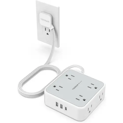 Surge Protector Flat Extension Cord Flat Plug Power Strip, 8 AC Outlets, 3 USB Charger(1 USB C Port) 3-Sided Outlet Extender, 5 Ft, 900 Joules Protection, Office Supplies, Dorm Room Essentials, Grey