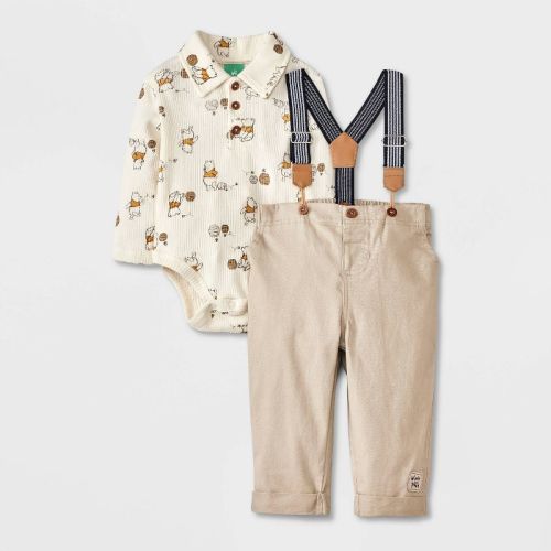 Baby Boys' Disney Winnie The Pooh Long Sleeve Bodysuit And Pants Bottom Suspender Set - Beige Newborn