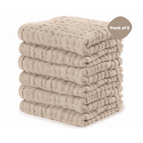 Comfy Cubs Baby Washcloths, Muslin Cotton Baby Towels, Large 10”x10” Wash Cloths (Sand, Pack of 6)