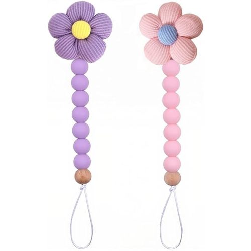 2pcs Flower Pacifier Clip, Silicone Bead Pacifier Clip for Baby Girls Pink Purple Color Daisy Birthday Christmas Gift(B)
