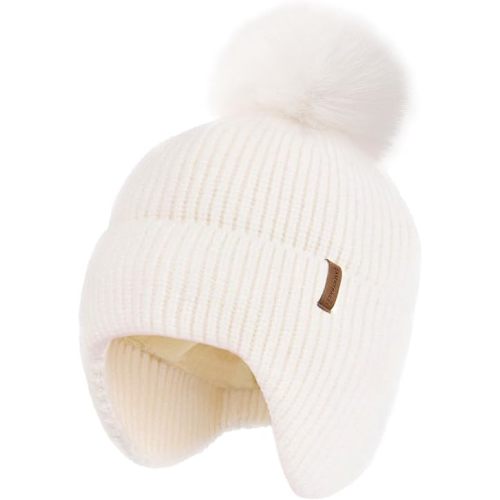 Toddler Baby Winter Hat Warm Fleece Lined Knit Kids Hat with Earflap Infant Newborn Pom Pom Beanie Knit Cap Girls Boys