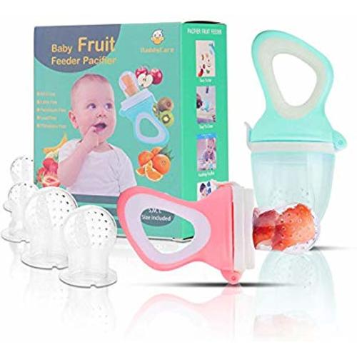 Baby Fruit Feeder Pacifier(2 Pack) - Baby Food Feeder - Infant Fruit Teething Toy for Toddlers Pacifier, Feeder, Teether with 6 PCS Silicone Pouches (Light & Cyan)