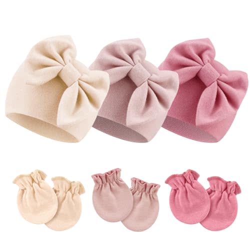 BQUBO Newborn Baby Hospital Hats Beanie Bow Infant Caps Baby Cotton No Scratch Mittens Set for 0-6 Months