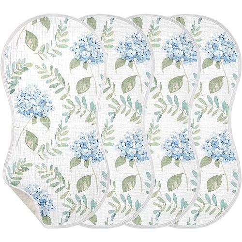 Muslin Baby Burp Cloths, Blue Floral Hydrangeas with Leaves Baby Bibs Rags Comfy Soft Absorbent in for Newborn Boys and Girls 4 Piece 22 x 11 Inch
