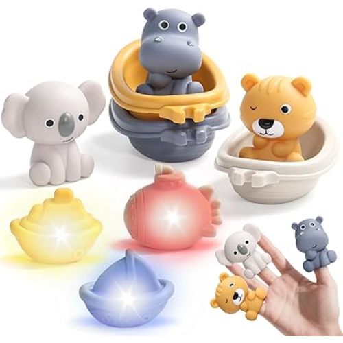 Toddler Bath Toys for Kids Ages 1-3 4-8 9PCS with Light Up Baby Bath Toys & Float Boat & Finger Puppets Bathtub Gifts for Toddlers 2-4 Boy Girl Pool Water Table