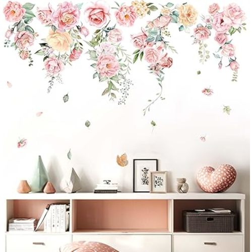 Large Flower Wall Decals - Hanging Vine Pink Rose Floral Wall Stickers - Baby Nursery Girls Bedroom Living Room Sofa TV Background Home Wall Decor