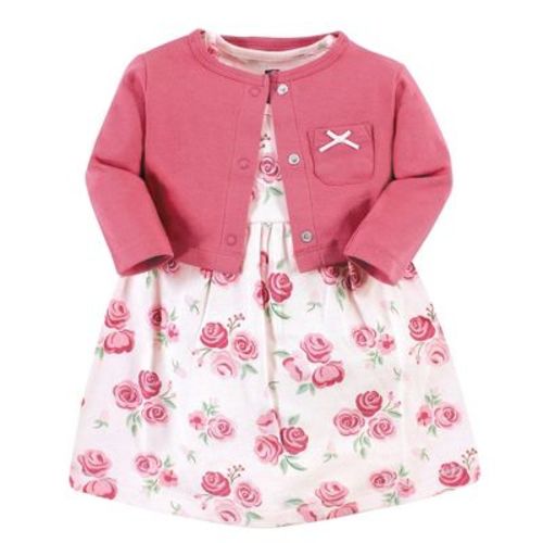 Hudson Baby Infant Girl Cotton Dress and Cardigan Set, Blush Rose, 6-9 Months