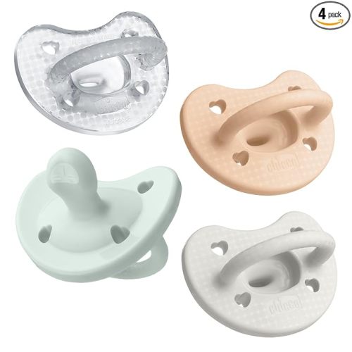 Chicco PhysioForma Luxe Orthodontic Pacifier for Babies 0-6 Months, One-Piece 100% Soft Silicone, Supports Breathing, Textured Shield & Handle, Included Sterilizing Case, BPA Free, 4-Pack, Multicolor