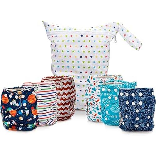Simple Being Reusable Cloth Diapers, Double Gusset, One Size Adjustable, Washable Soft Absorbent, Waterproof Cover, Eco-Friendly Unisex Baby Girl Boy, six 4-Layers Microfiber Inserts (Space)