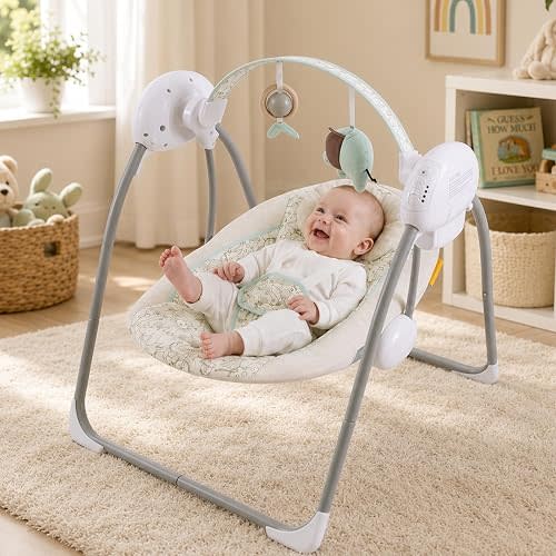 Portable Baby Swing for Infants, Compact & Foldable Infant Swing with 5-Speed Swing,Music, Timer, Cushioned Seat, Battery Operated, 0-9 Months 6-20 lbs,SG2404