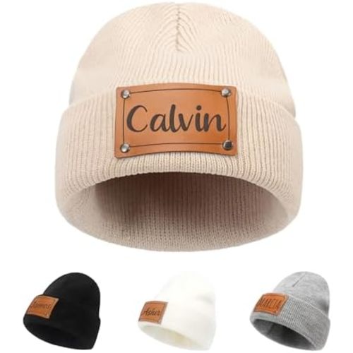 Custom Beanie Hats for Baby Boys Girls - Personalized Leather Patch Beanie with Name for Infants Toddlers Adults