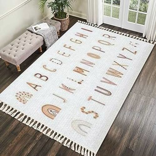 Kid Rug Boho Alphabet Letter Set White Bohemian Rainbows for Wall Decor Cards Woven Area Rug with Tassels Patio Mat Carpet Boho Home Decor Outdoor Living Room Kid Bedroom Playroom Nursery Rug 5x8'
