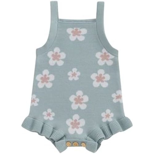 Honganda Cute Baby Girl Knit Romper Sleeveless Ruffle Trim Floral Summer Onesie Sweater Vest Overalls