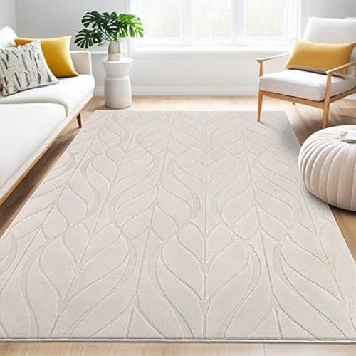 SHACOS 8x10 Soft Fluffy Area Rugs for Living Room, Machine Washable Foldable Carpet for Bedroom, Non Slip Soft Floral Low-Pile Nursery Carpet for Kids Room Dining Room Entryway Indoor, Beige