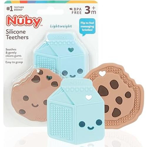 Nuby All Silicone Chocolate Chip Cookie & Milk Carton Teether – 2 Pack, 3+ Months