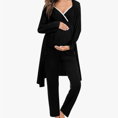SWOMOG Maternity Nursing Robe Set 3 Piece Breastfeeding Pajamas 3 in 1 Labor Delivery Sleevless Tops&Long Pants Pregnancy Pjs
