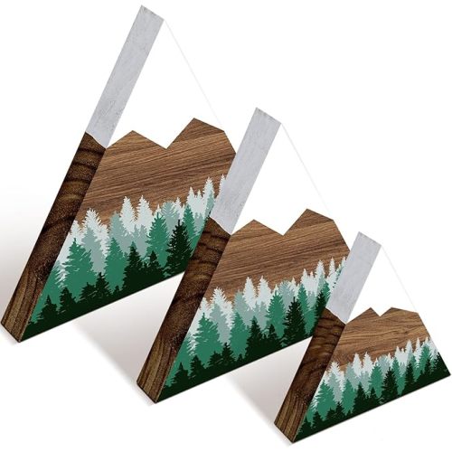 Maitys 3 Pcs 3 Size Mountain Shelf Decor Mountain Wooden Sign Farmhouse Wood Forest Sign Woodland Nursery Decor Travel Adventure Table Centerpiece for Home Farmhouse(Green)