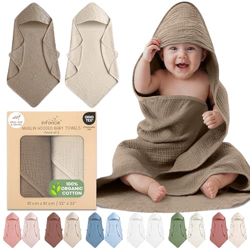 100% Organic Cotton Muslin Baby Hooded Towels 32x32 Inch – 2 Pack Soft & Absorbent Hooded Baby Towels For Boys & Girls, Premium Hooded Towels, Ultra-Gentle Baby Essentials in Deep Olive/Ivory