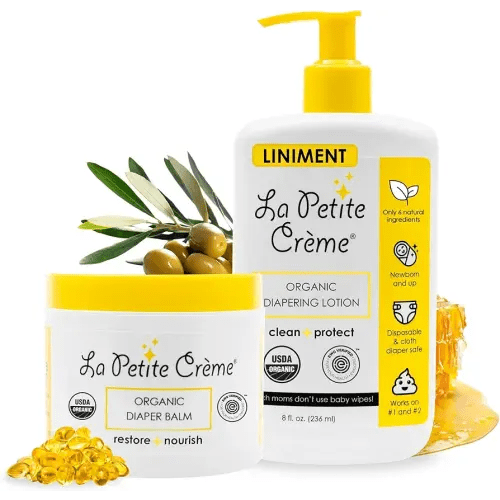 La Petite Creme French Premium Diapering Lotion (8 oz) and Organic Diaper Balm (4 oz) - Healing and Nourishing Diaper Cream, Gentle & Safe Liniment Baby Lotion - USDA & EWG Certified - Baby Essentials