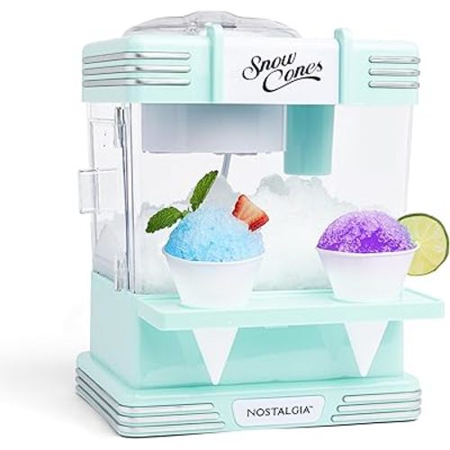 Nostalgia Snow Cone Shaved Ice Machine - Retro Table-Top Slushie Machine Makes 20 Icy Treats - Includes 2 Reusable Plastic Cups & Ice Scoop - Aqua