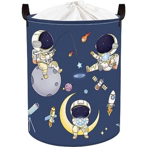 Clastyle 45L Blue Space Astronaut Baby Laundry Basket Spaceship Rockets Round Dirty Clothes Nursery Hamper Kid Toy Storage Basket for Bedroom Bathroom Playroom