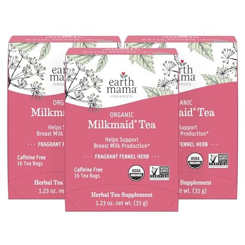 Earth Mama Milkmaid Lactation Tea | 100% Organic, Herbal Breastfeeding Tea Supports Breastfeeding + Breast Milk Supply Production, 16 Teabags Per Box (3-Pack)