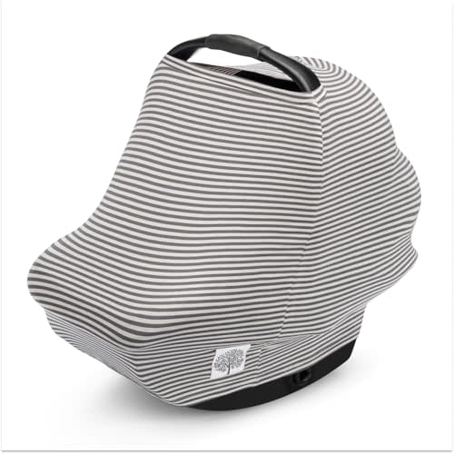 Parker Baby 4 in 1 Car Seat Cover for Girls and Boys - Stretchy Carseat Canopy, Nursing Cover, Grocery Cart Cover, High Chair Cover - “Pewter/Snow Stripes”