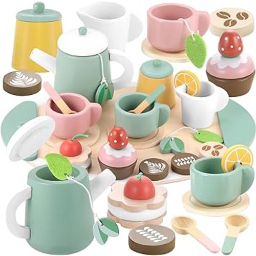 GAGAKU Wooden Tea Set for Toddlers 1-3, Wood Tea Party Set for Little Girls Wooden Coffee Afternoon Tea Toys Play Food forToddler Pretend Play Kitchen Accessories for Kids