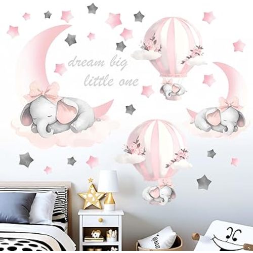 Elephant Balloon Wall Stickers for Nursery: Baby Kids Girls Boys Bedroom Wall Decals - Pink Hot Air Balloon Moon Stars Dream Big Little One