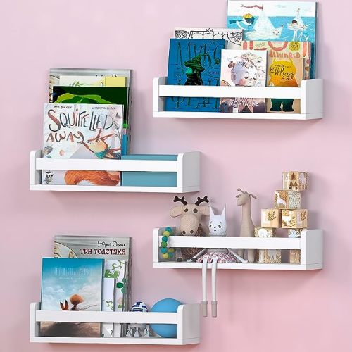 NATURE SUPPLIES Set of 4, White Floating Nursery Book Shelves, 16.4" Solid Wood Floating Bookshelves, Wall Book shelf for Kids Rooms Decor, Toys & Playroom Furniture, Kids Bookshelf, Nursery Bookshelf - Classic White - 4 Pack-16.4 Inches