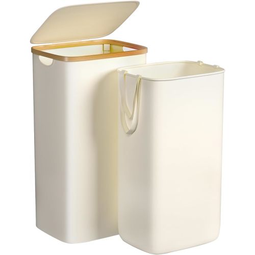 Foluck Large Laundry Hamper, 100L Waterproof Laundry Basket with Lid and Removable Bag, Collapsible Tall Clothes Hamper with Bamboo Handles for Clothes Toys in Dorm Bedroom Bathroom, Beige, ZYL101-W