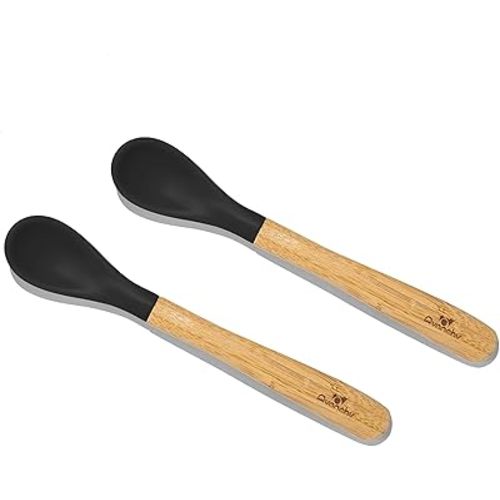 Avanchy Bamboo & Silicone Infant Training Spoons, BPA Free - Soft Tip, Easy on Gums, First Stage Feeding Utensils for Baby-Led Weaning, Self-Feeding, Black