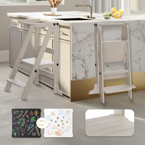 Toddler Tower Foldable Kitchen Step Stool Helper With Safety Railing & 3 Adjustable Heights, Standing Tower With Double-Sided Drawing Board, Montessori Learning for Toddlers/Kids (Grey)
