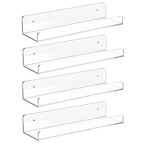 CY craft 4 PCS Clear Acrylic Floating Wall Ledge Shelf 15 Inch Wall Mounted Nursery Kids Bookshelf, Invisible Hanging Shelves for Wall Storage,Toy Picture Ledge Display Shelf Bathroom Storage Shelves