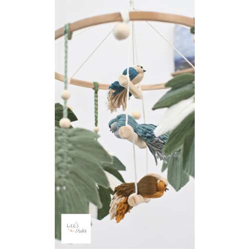 Bird Mobile, Garden Crib Mobile, Garden Nursery Mobiles, Macrame Leaf Baby Mobile, Custom Baby Mobile, Newborn Gift, Birds on Tree Branches