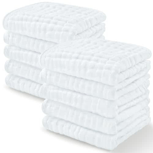 Comfy Cubs Muslin Baby Washcloths 10 Pack - Soft 6-Layer Cotton Wash Cloths for Sensitive Skin - 10"x10" Large, Gentle, Absorbent Infant Essentials for Newborn and Toddlers - (White)