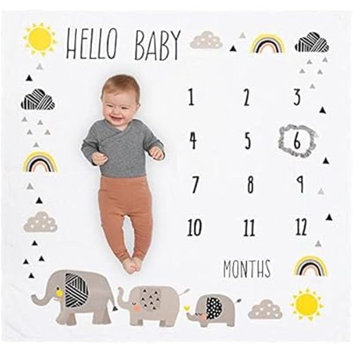 Pondering Pine Organic Baby Monthly Milestone Blanket - Elephant Milestone Blanket Baby Boy or Girl with Month Marker - Elephants Milestones Blanket, 1-12 Months, Hello Baby, 47" X 47"