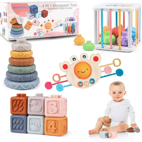 Montessori Baby Toys 6-12 Months, 4 in 1 Toddlers Baby Toy Gifts 1 Year Old Boys Girls for 0, 6, 9, 12, 18 Months, Pull String Teether, Infant Stacking Blocks, Sensory Shapes Bin