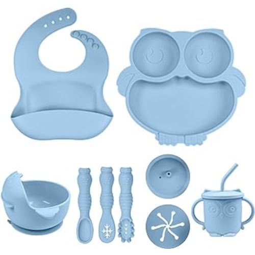 Baby Feeding Set Silicone Baby Led Weaning Utensils Set Includes Suction Bowl Divided Plate, Spoons Forks Sippy Cup Adjustable Bib, Baby Feeding Supplies Set for 6+ Months