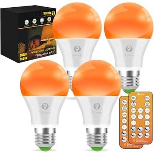 Amber Sleep Light Bulbs 1600K with Remote Control, Blue Light Blocking A19, 9W for Sleep Therapy, Baby Nursery, Bedroom (4 Packs)