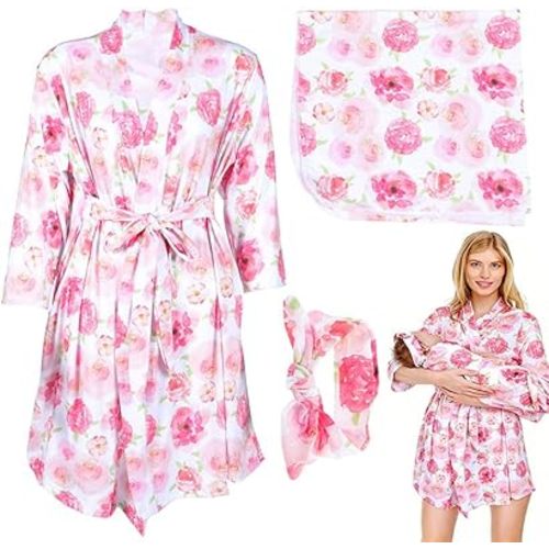 Toddmomy Maternity Robe Set with Baby Swaddle Blanket and Headband for Hospital Labor Nursing and Postpartum Comfort