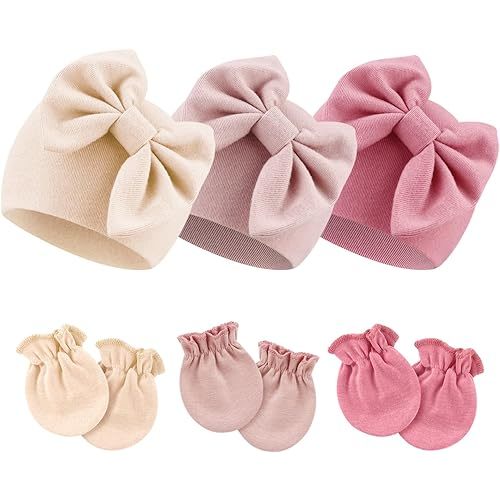 BQUBO Newborn Baby Hospital Hats Beanie Bow Infant Caps Baby Cotton No Scratch Mittens Set for 0-6 Months